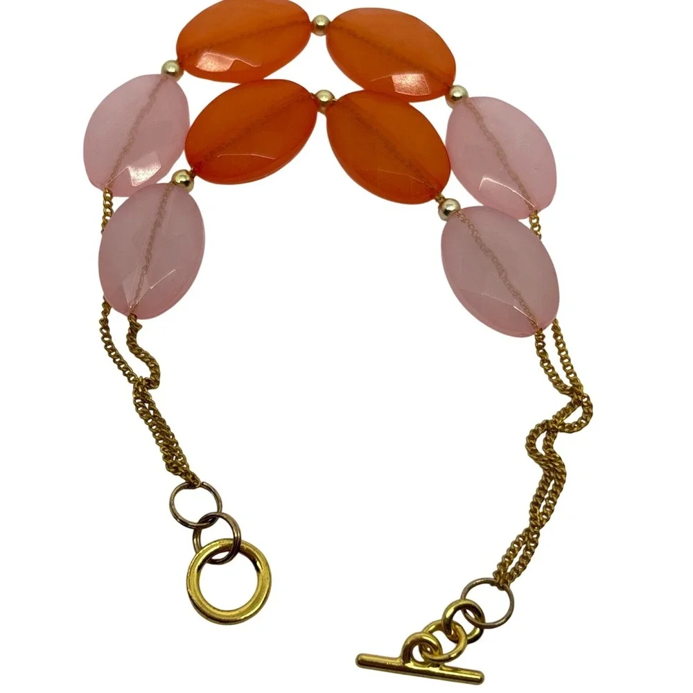 Two Strand Gemstone Bracelet Gold Tone Orange Pink‎ Faceted Beaded Toggle Clasp